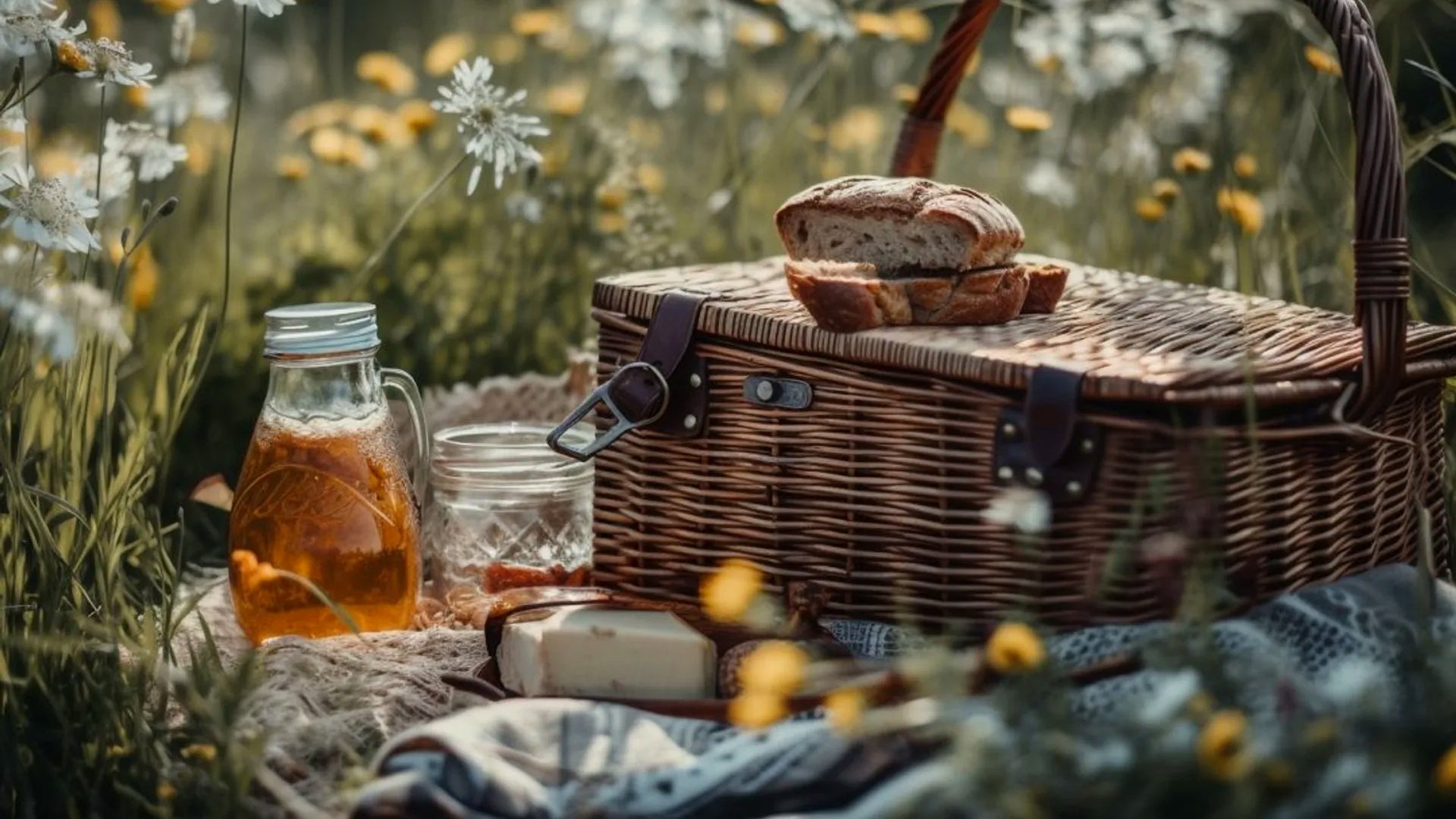 A picnic basket and drinks set in soft forest light