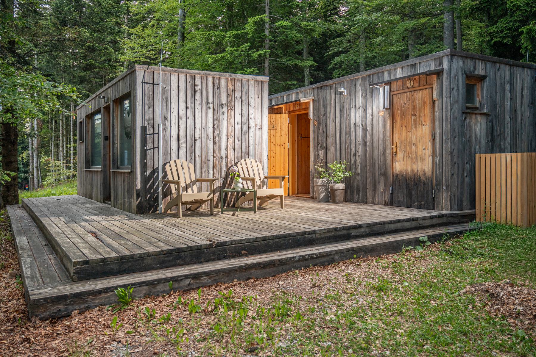 Detached forest SPA building and its quiet wooden terrace