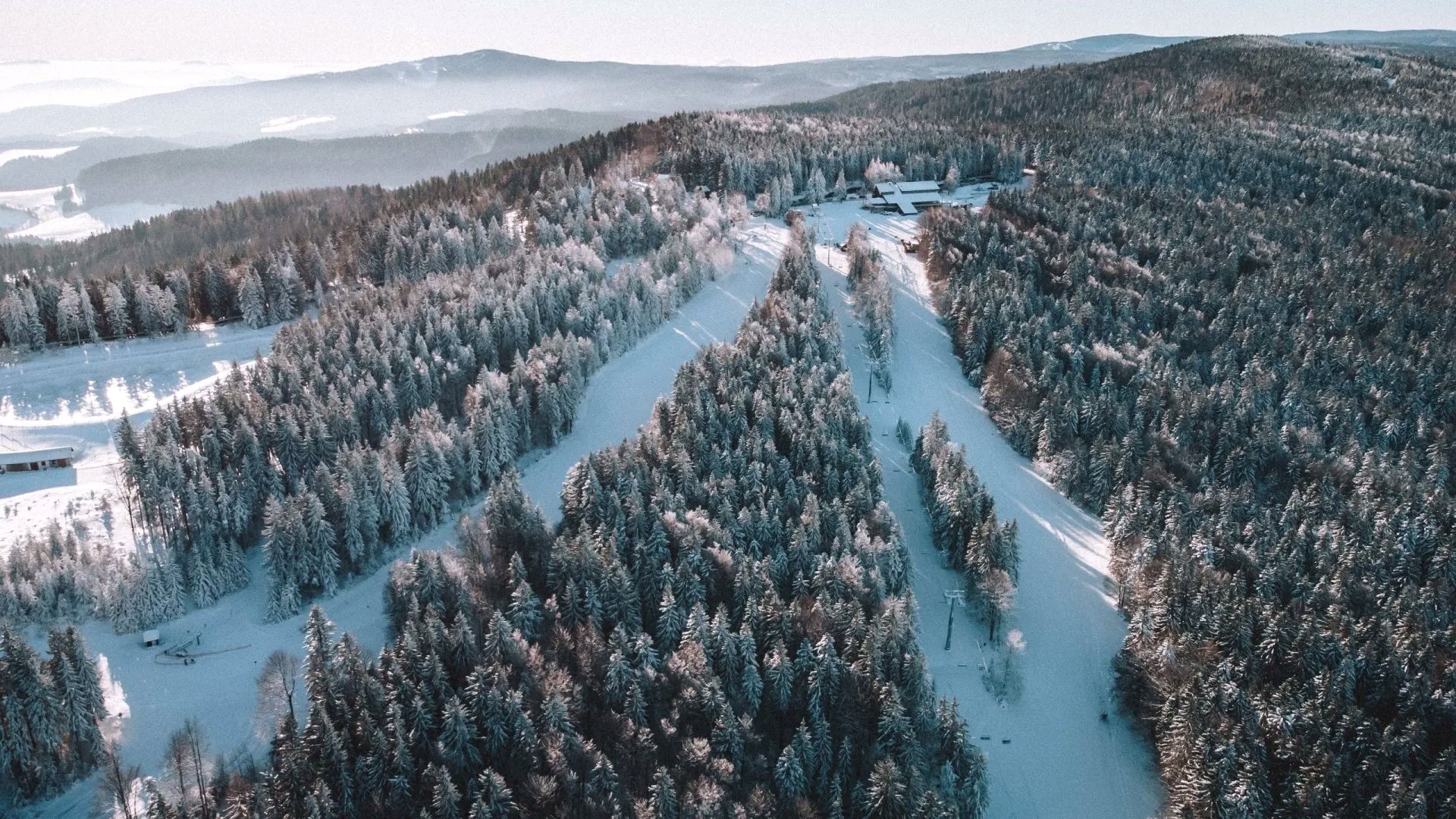 Snow-covered Pohorje forest and ski slopes in winter